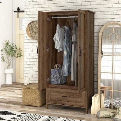 Nurembo 1 Drawer Wardrobe Closet Distressed Walnut - HOMES: Inside + Out - Image 3