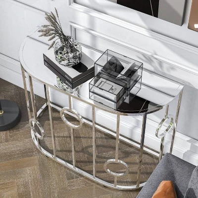 Oakmonte Mirrored Semi Circle Sofa Table Chrome - HOMES: Inside + Out - Image 3