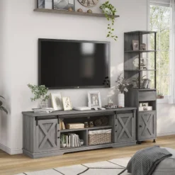 2pc Clander TV Stand And Bookcase Tower Set Vintage Gray Oak - HOMES: Inside + Out