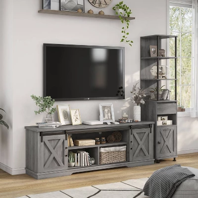2pc Clander TV Stand And Bookcase Tower Set Vintage Gray Oak - HOMES: Inside + Out
