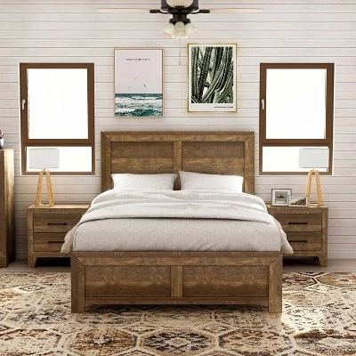 3pc Queen Quail Bedroom Set With 2 Nightstands Rustic Light Walnut - HOMES: Inside + Out